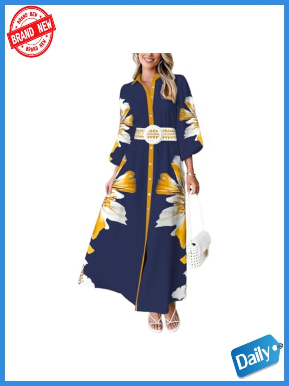 Floral Maxi Dress for Women Summer Boho Long Sleeve A-Line Belted Pockets